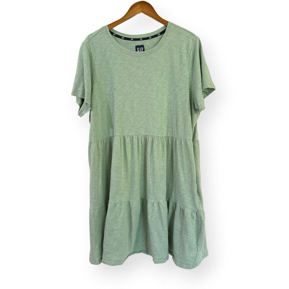 Gap Womens XXL Sage Green Short Sleeve Tiered Mini Dress Pockets Cotton Knit